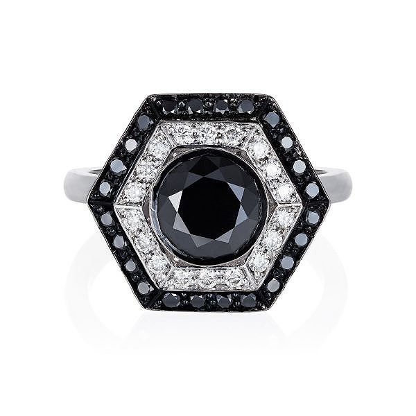 besoke black and white diamond target ring